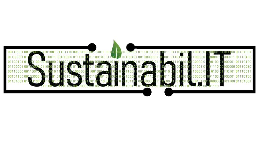 The Sustainabil.IT word logo with a black circuit border with green binary code on a white background. The binary is customised with a hidden cyber security, GRC, and ESG.