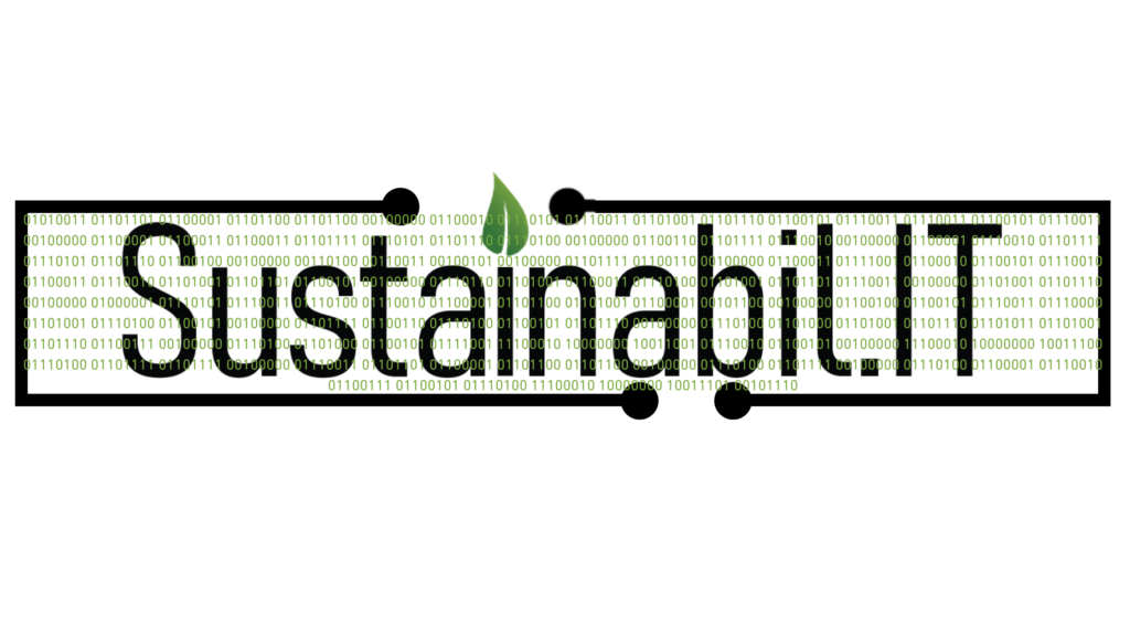The Sustainabil.IT word logo with a black circuit border with green binary code on a white background. The binary is customised with a hidden cyber security, GRC, and ESG.