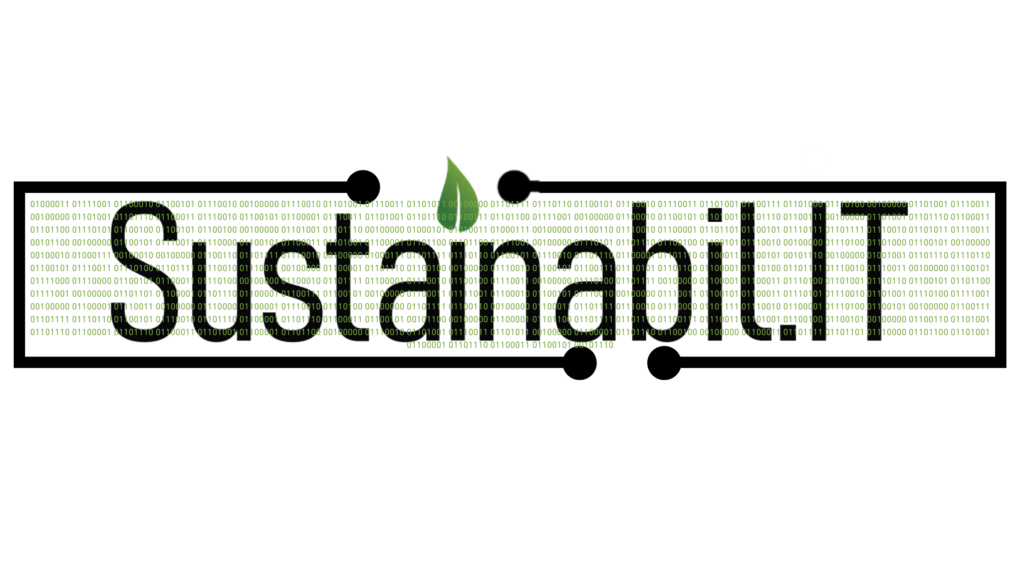 The Sustainabil.IT word logo with a simple circuit border with a binary overlay in green with a cyber security fact to decode. There is a different one on each blog post image.