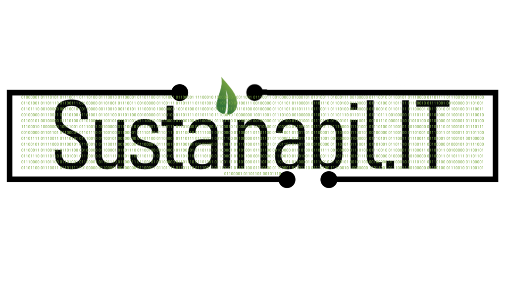The Sustainabil.IT logo with a black circuit border with green binary code on a white background.